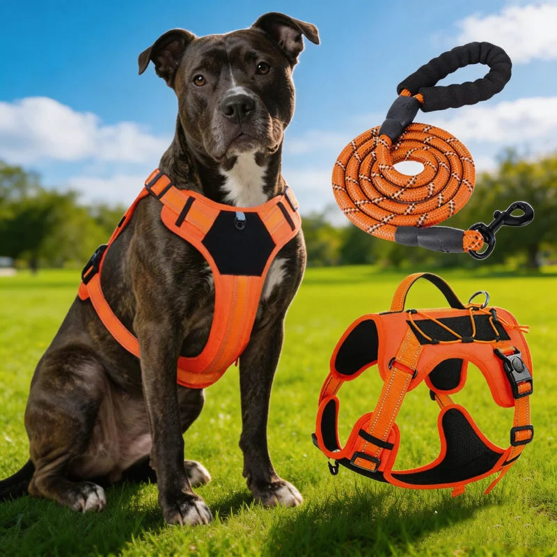 No-pull dog harness with reflective stitching